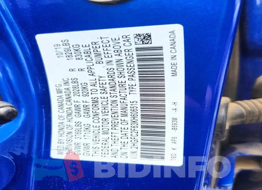 2HGFC2F63KH606515 Photo# 12