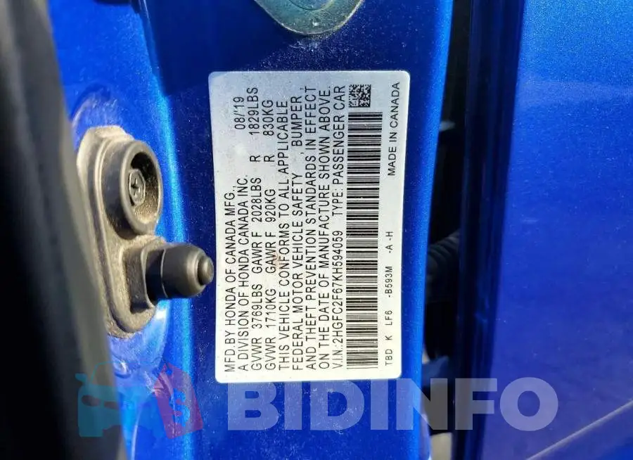 2HGFC2F67KH594059 Photo# 12