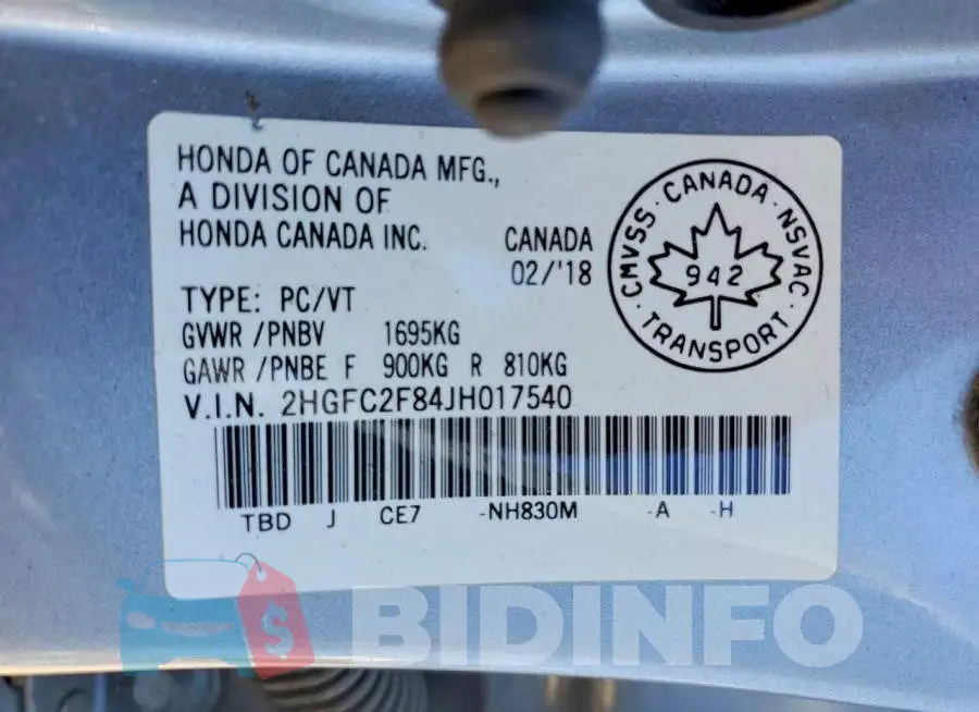 2HGFC2F84JH017540 Photo# 12