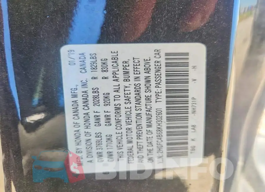 2HGFC4B68KH302601 Photo# 12