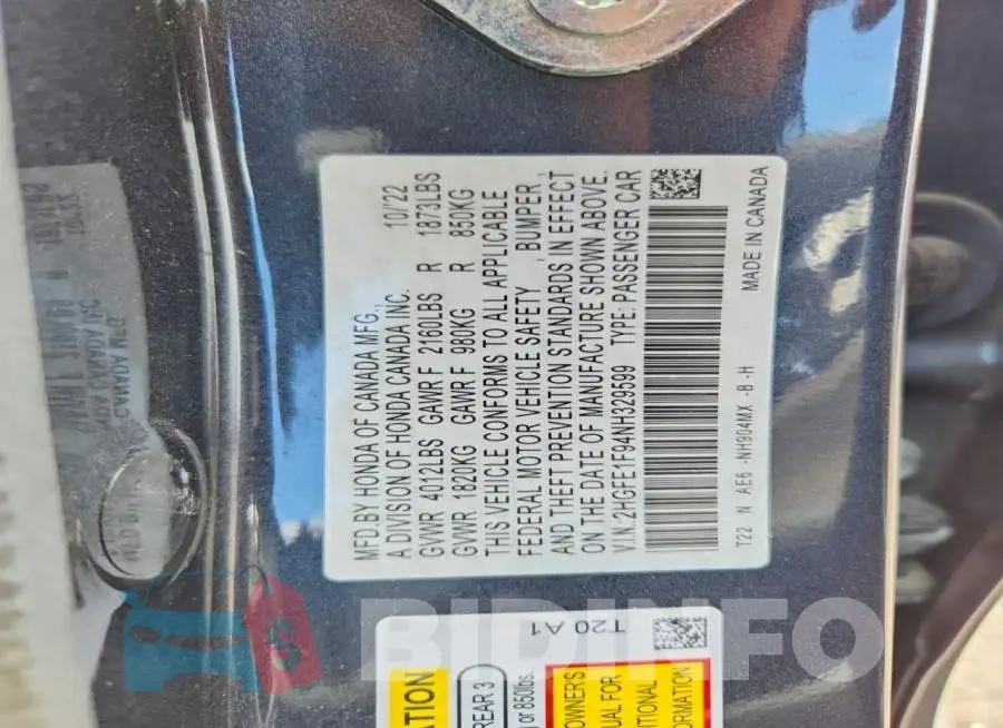 2HGFE1F94NH329599 Photo# 12