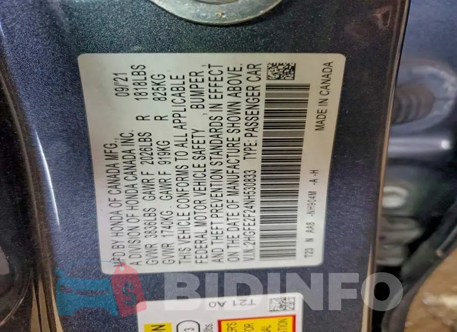 2HGFE2F24NH530833 Photo# 13