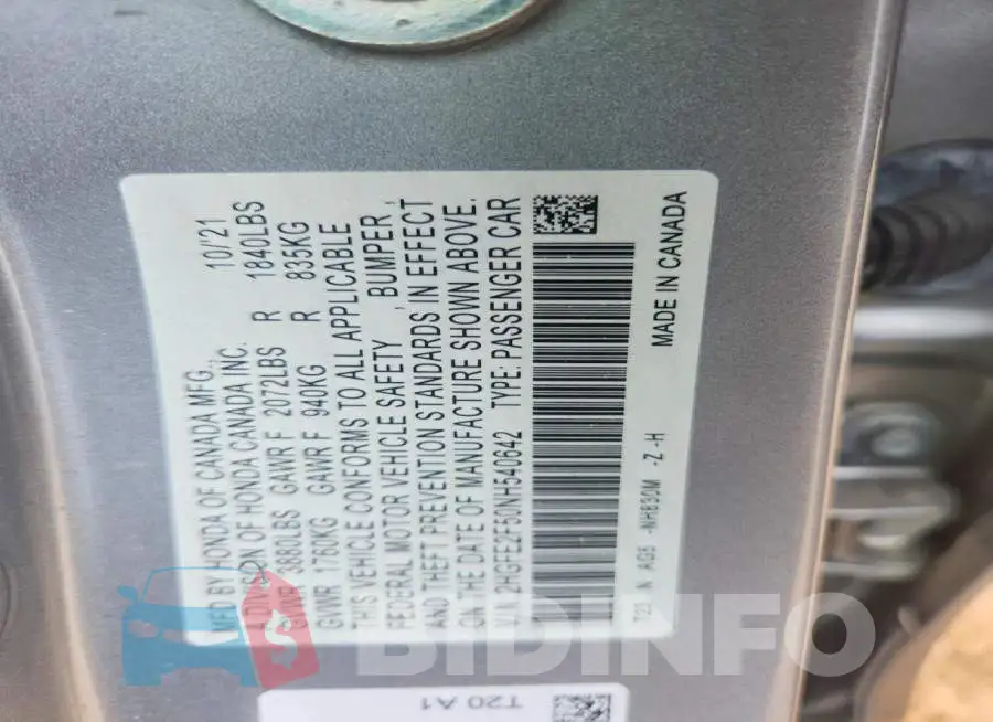 2HGFE2F50NH540642 Photo# 12