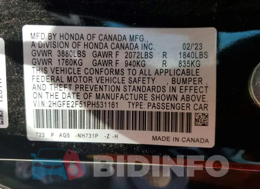 2HGFE2F51PH531161 Photo# 13