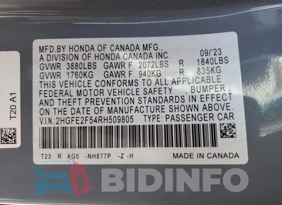 2HGFE2F54RH509805 Photo# 13
