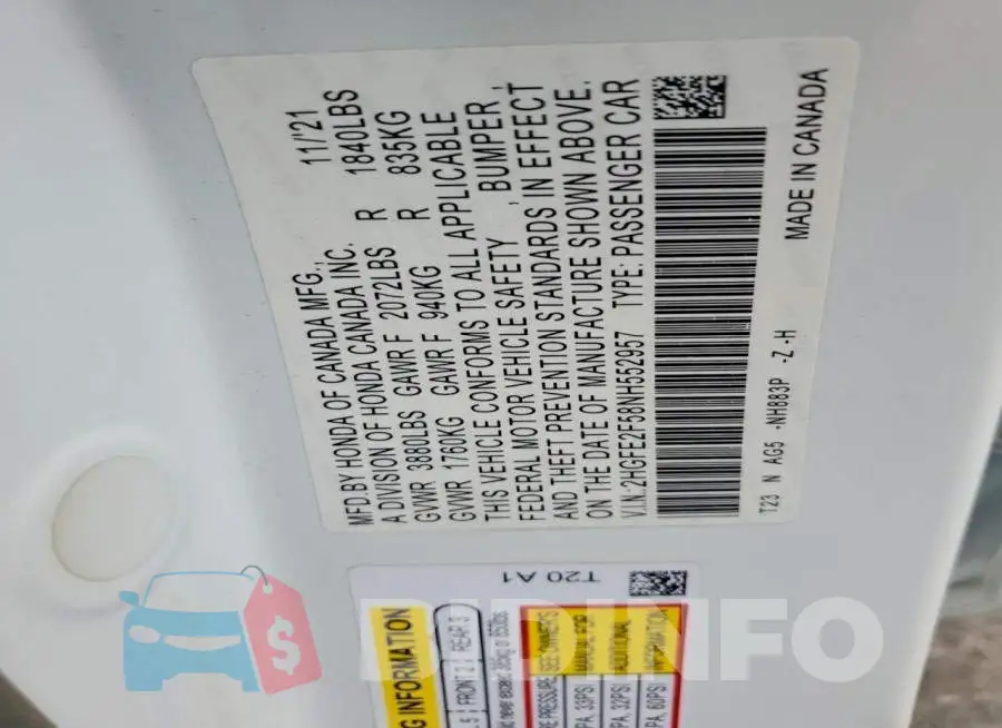 2HGFE2F58NH552957 Photo# 13