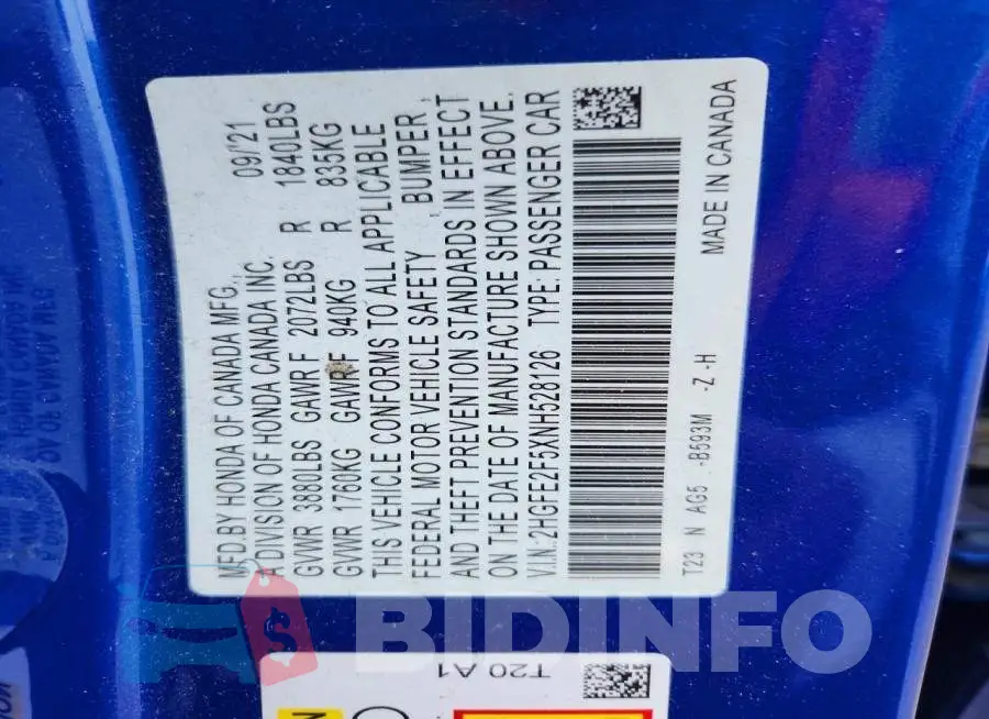 2HGFE2F5XNH528126 Photo# 12