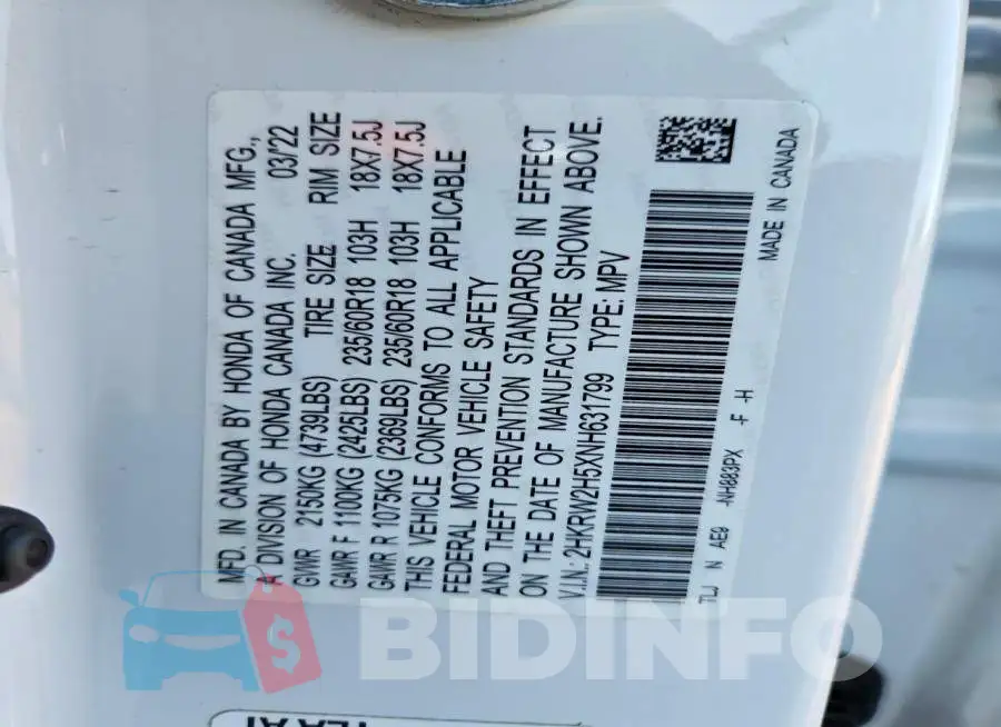 2HKRW2H5XNH631799 Photo# 13