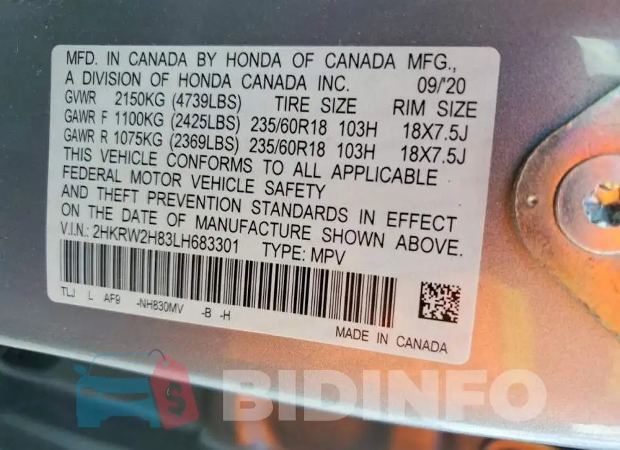 2HKRW2H83LH683301 Photo# 12