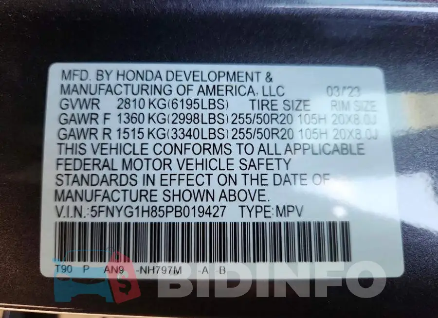 5FNYG1H85PB019427 Photo# 13