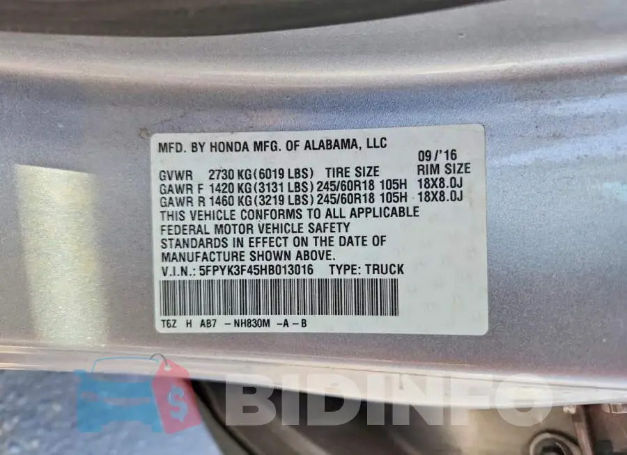 5FPYK3F45HB013016 Photo# 12