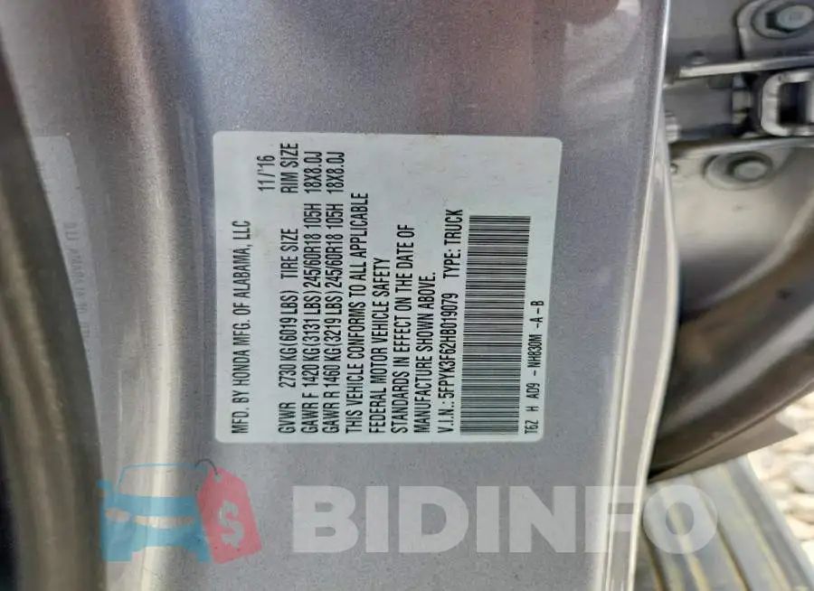 5FPYK3F62HB019079 Photo# 13