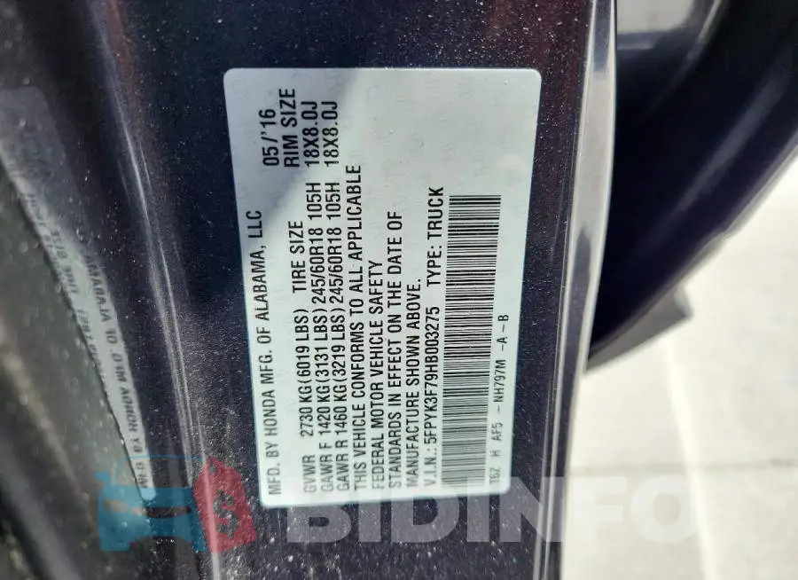 5FPYK3F79HB003275 Photo# 13