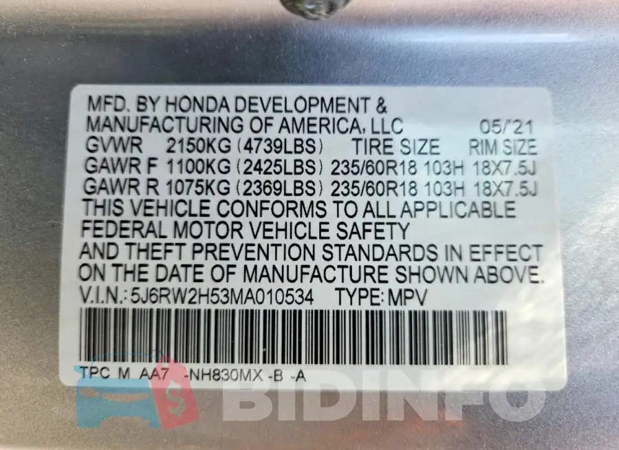 5J6RW2H53MA010534 Photo# 13