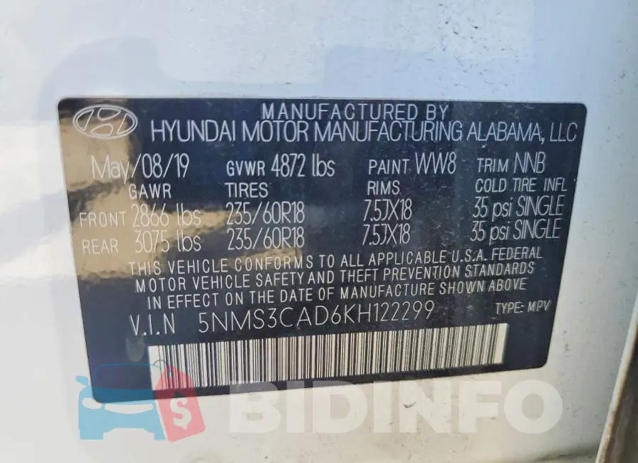5NMS3CAD6KH122299 Photo# 13