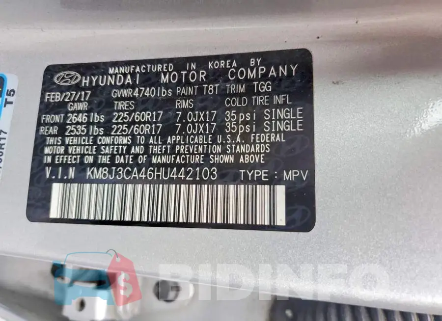 KM8J3CA46HU442103 Photo# 14