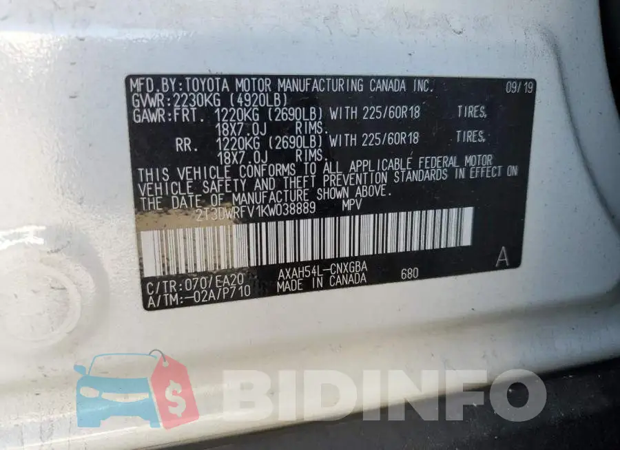 2T3DWRFV1KW038889 Photo# 13