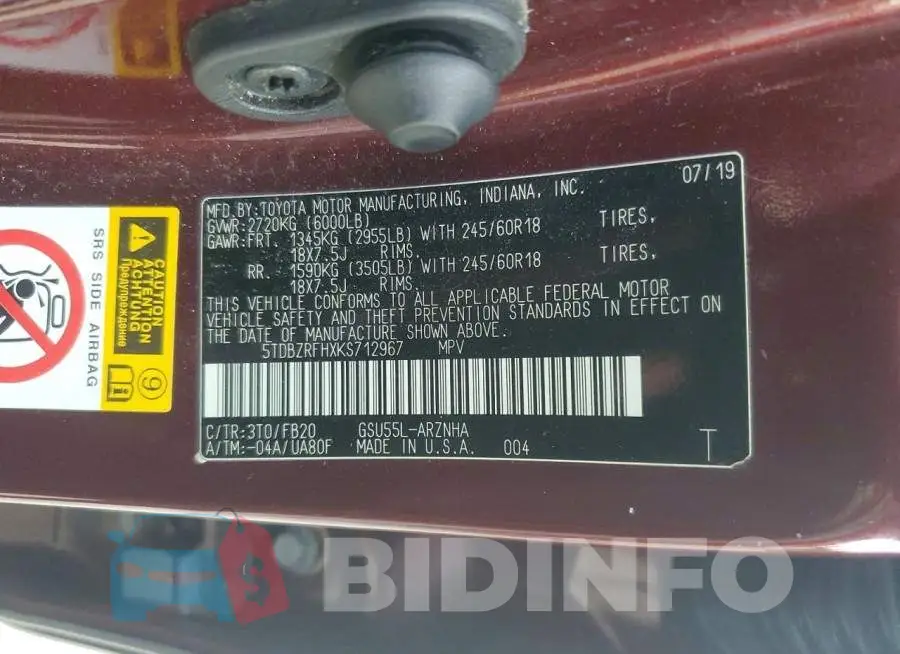 5TDBZRFHXKS712967 Photo# 13