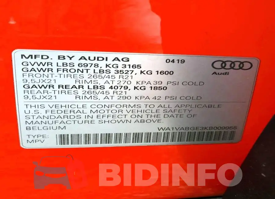WA1VABGE3KB009955 Photo# 14