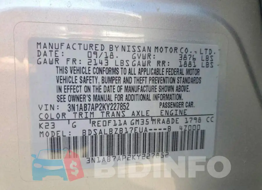 3N1AB7AP2KY227852 Photo# 12