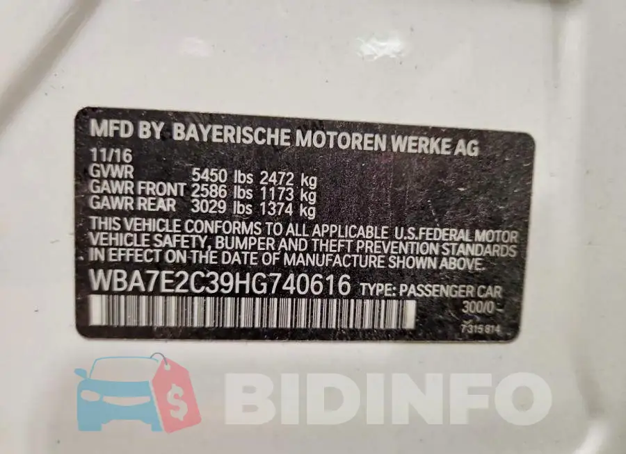 WBA7E2C39HG740616 Photo# 13