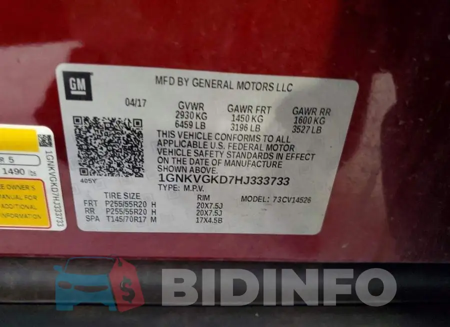 1GNKVGKD7HJ333733 Photo# 12