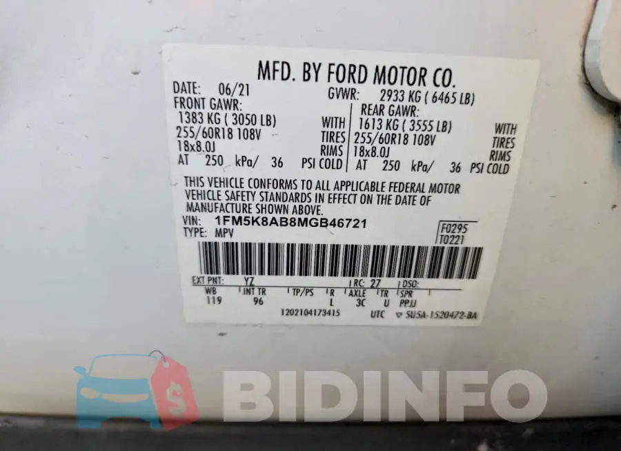 1FM5K8AB8MGB46721 Photo# 13