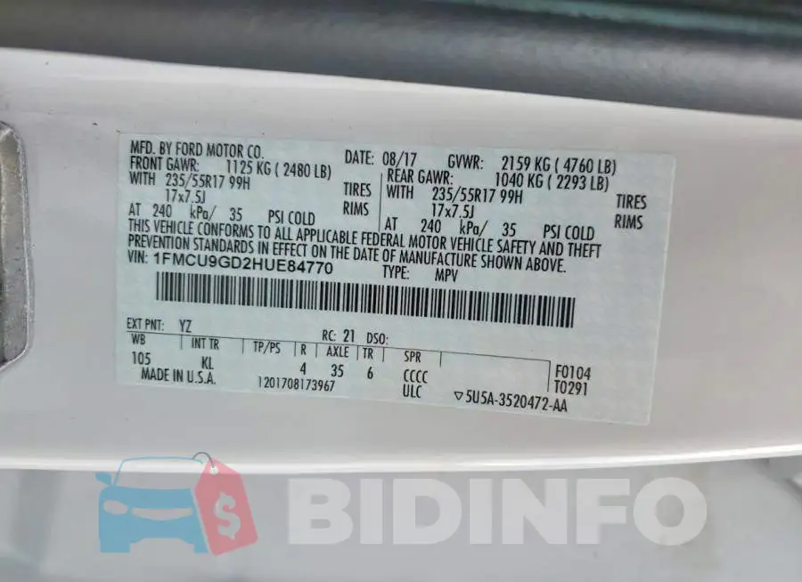 1FMCU9GD2HUE84770 Photo# 13