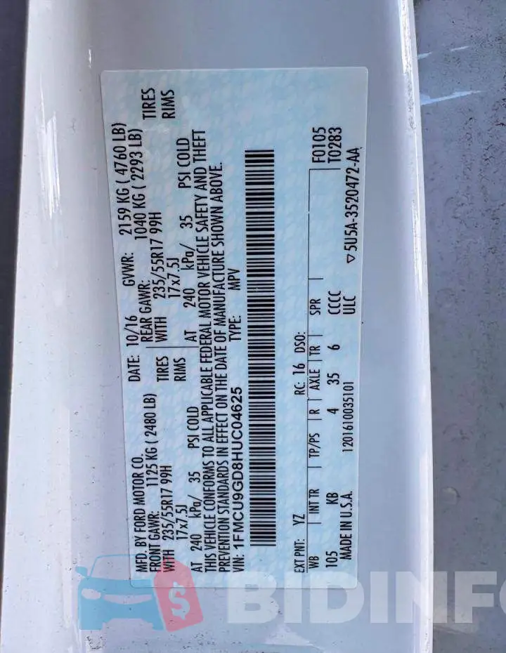 1FMCU9GD8HUC04625 Photo# 10
