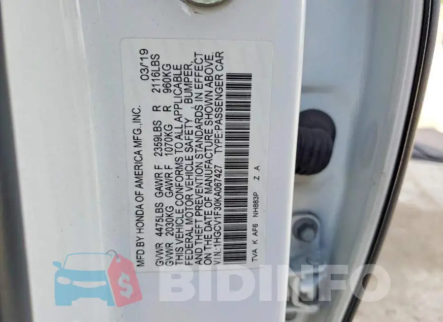 1HGCV1F30KA067427 Photo# 12
