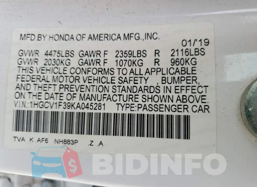 1HGCV1F39KA045281 Photo# 13