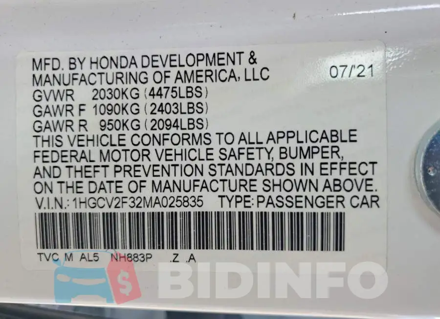 1HGCV2F32MA025835 Photo# 12