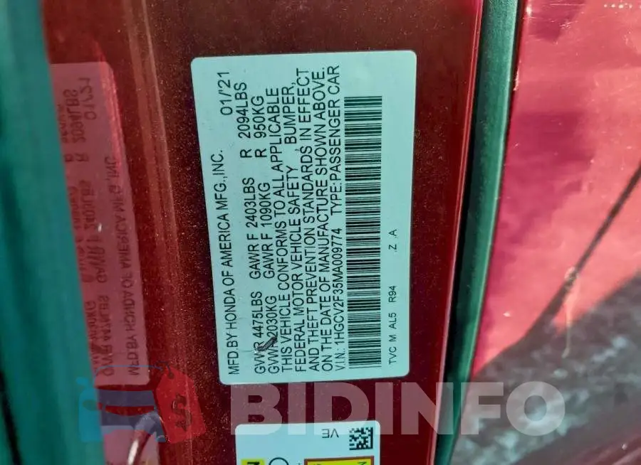 1HGCV2F35MA009774 Photo# 12