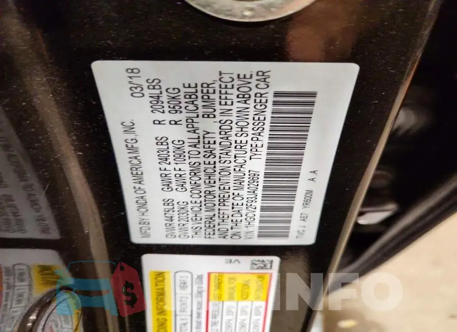1HGCV2F93JA029697 Photo# 13