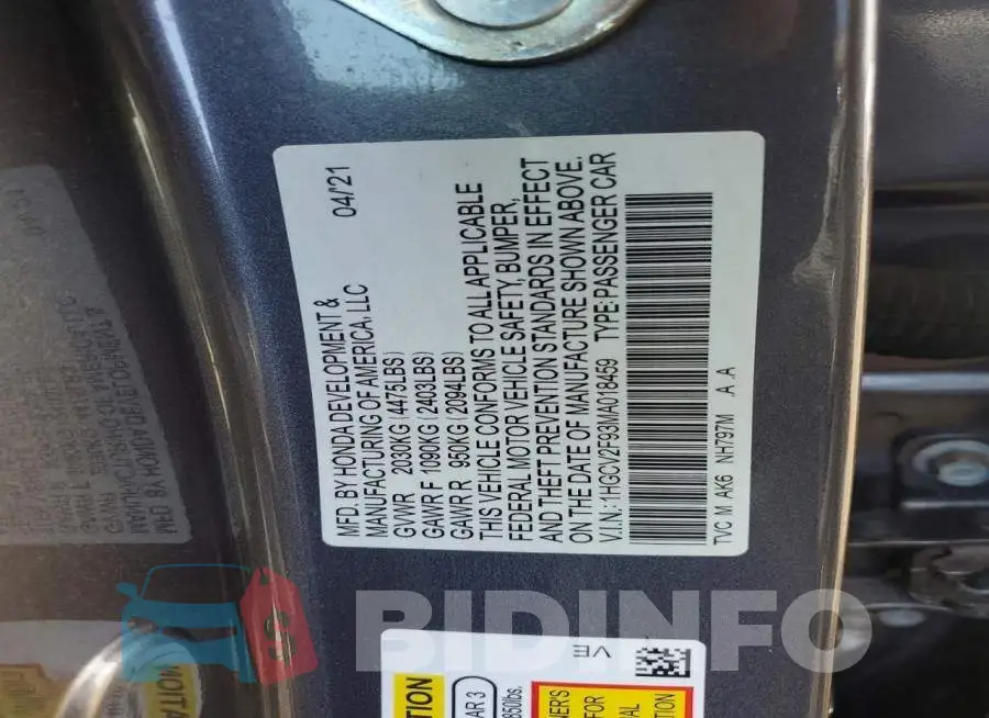 1HGCV2F93MA018459 Photo# 13