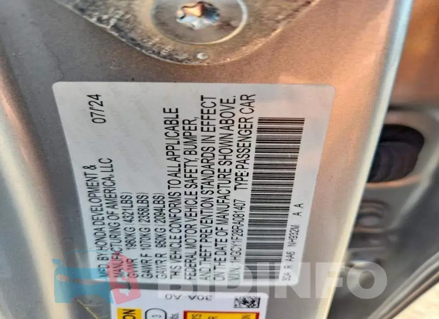 1HGCY1F28RA081407 Photo# 12