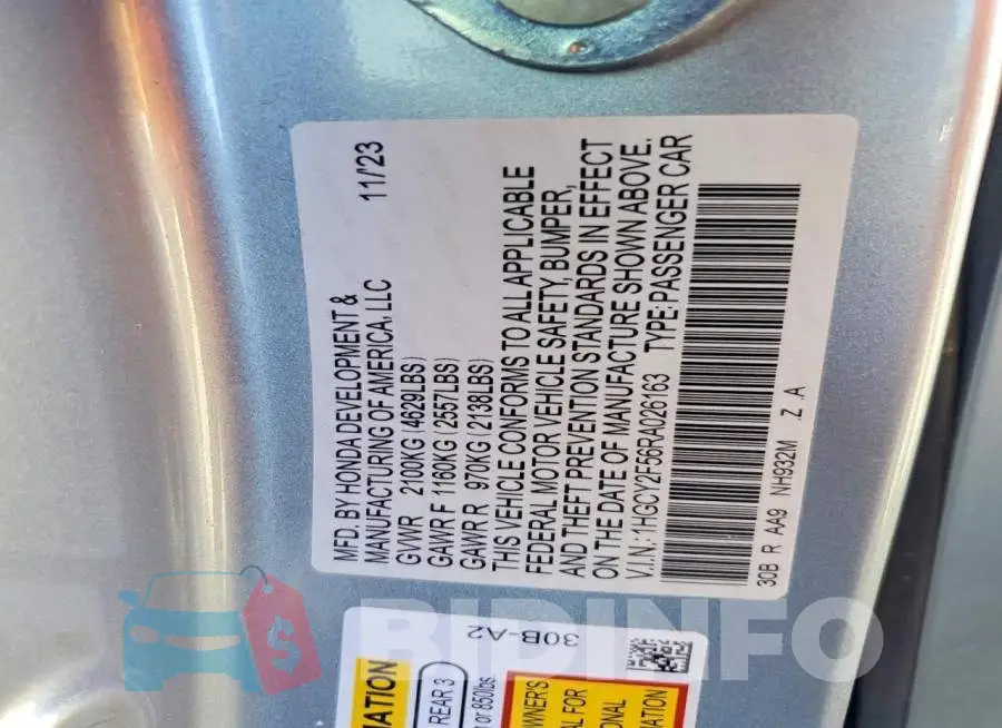 1HGCY2F56RA026163 Photo# 12