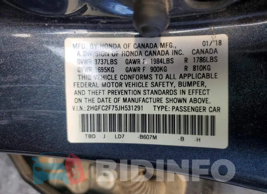 2HGFC2F75JH531291 Photo# 12