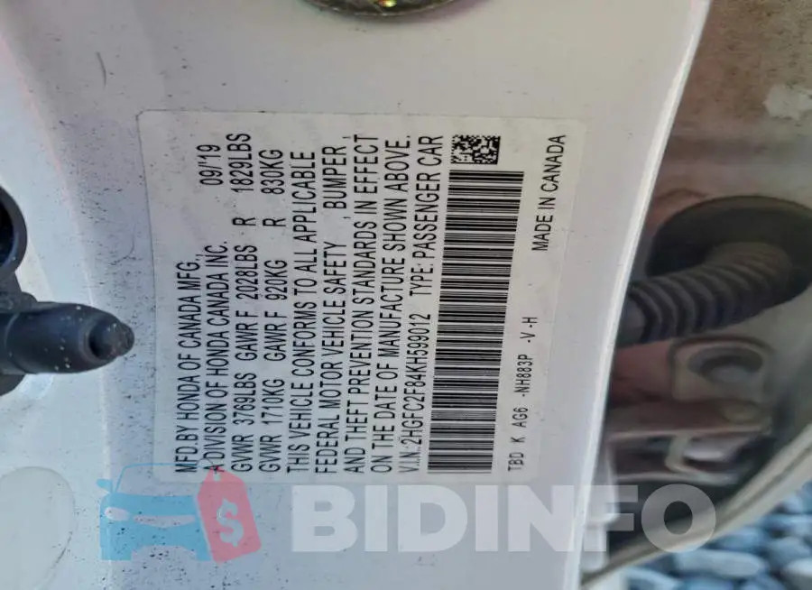 2HGFC2F84KH599012 Photo# 12