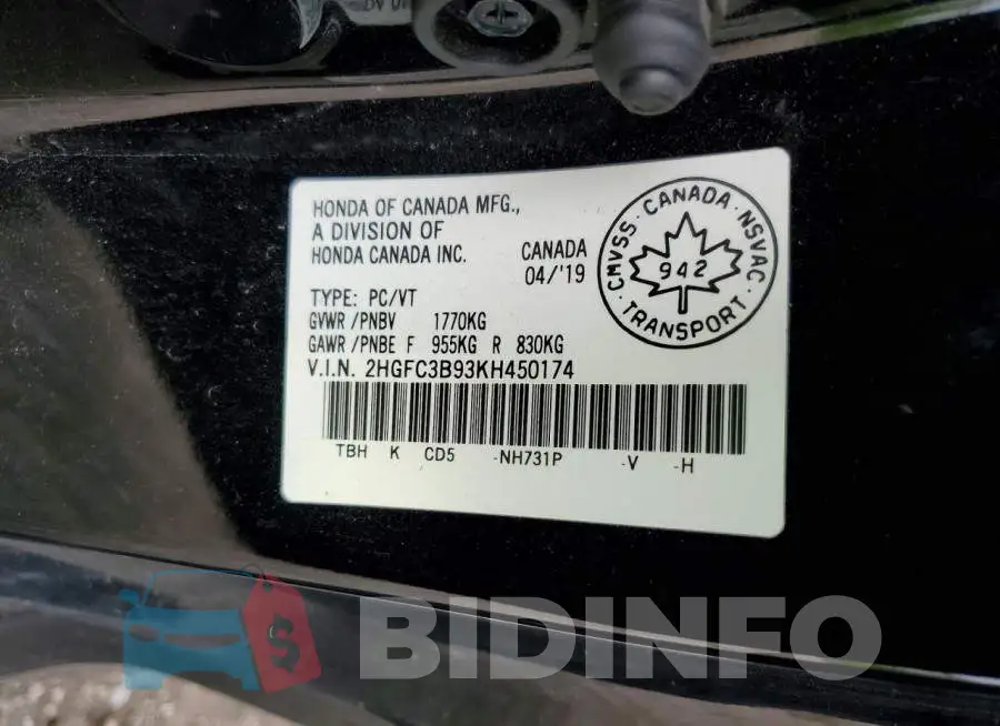 2HGFC3B93KH450174 Photo# 12