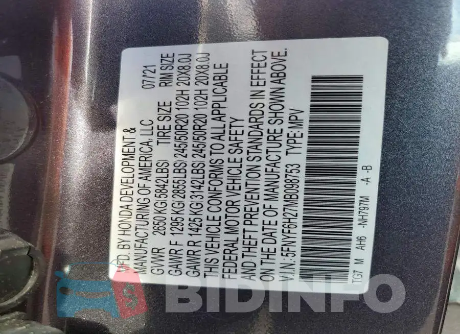 5FNYF6H27MB098753 Photo# 12