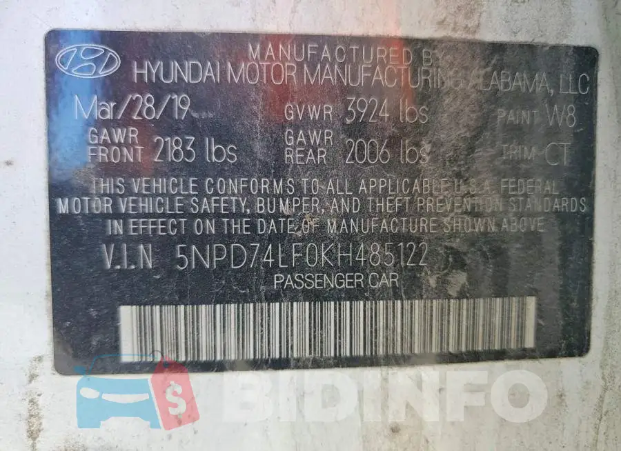 5NPD74LF0KH485122 Photo# 12