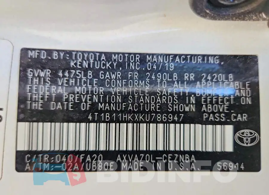 4T1B11HKXKU786947 Photo# 12