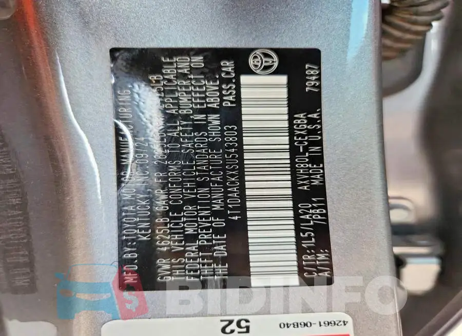 4T1DAACKXSU543803 Photo# 12