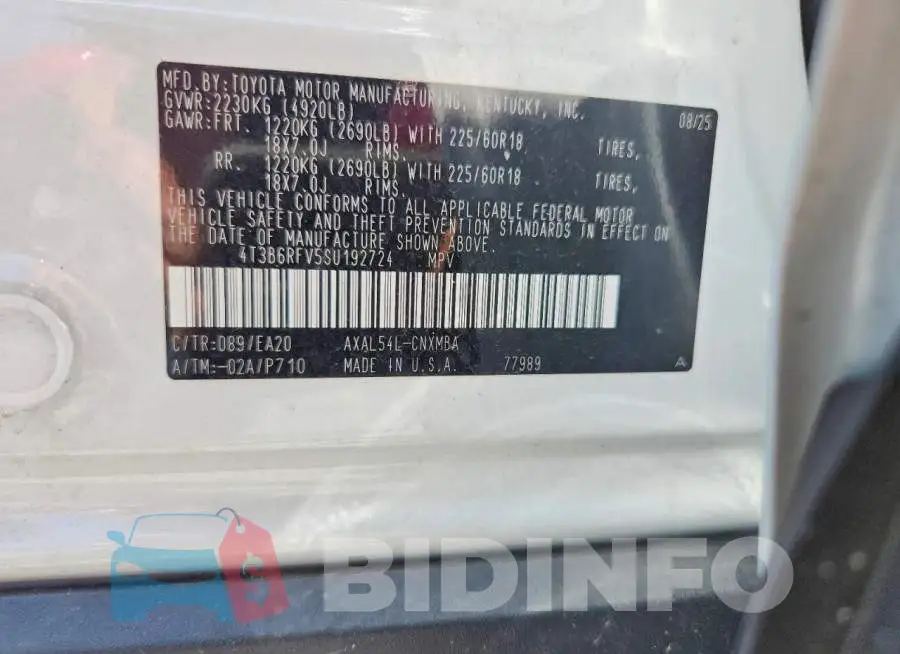 4T3B6RFV5SU192724 Photo# 12