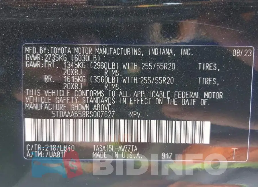 5TDAAAB58RS007627 Photo# 13