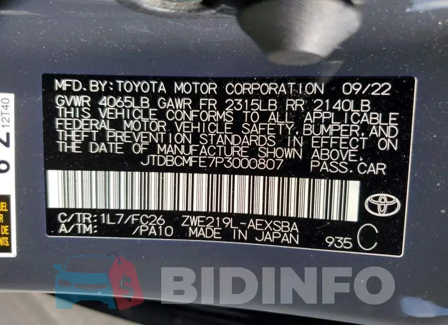JTDBCMFE7P3000807 Photo# 13