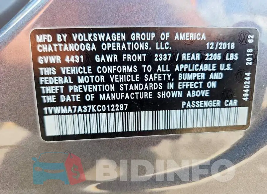 1VWMA7A37KC012287 Photo# 13