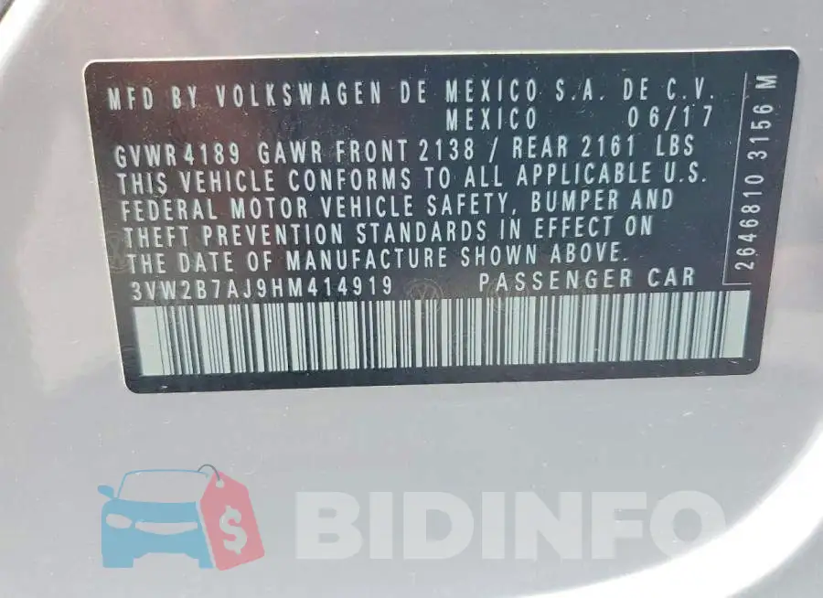 3VW2B7AJ9HM414919 Photo# 12