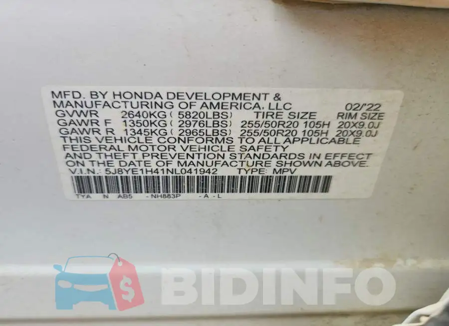 5J8YE1H41NL041942 Photo# 13